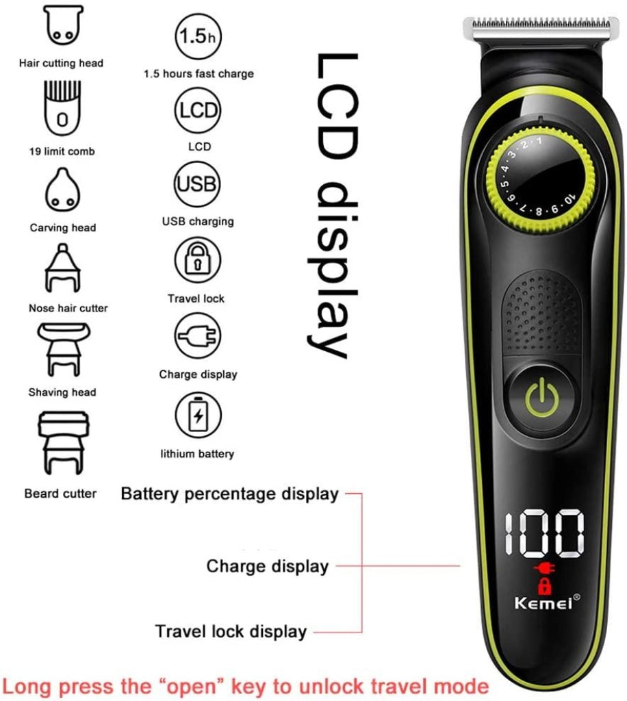 KM-696 | Kemei 5-in-1 Grooming Kit for Men | Beard Trimmer, Hair Clipper, Nose & Ear Trimmer, Body Groomer