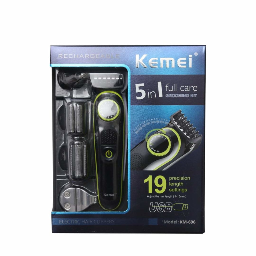 KM-696 | Kemei 5-in-1 Grooming Kit for Men | Beard Trimmer, Hair Clipper, Nose & Ear Trimmer, Body Groomer